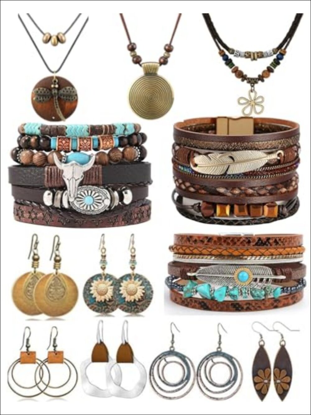 Boho Jewelry Set 12 Pc Wood Alloy Necklaces Dangle Earrings Bracelets